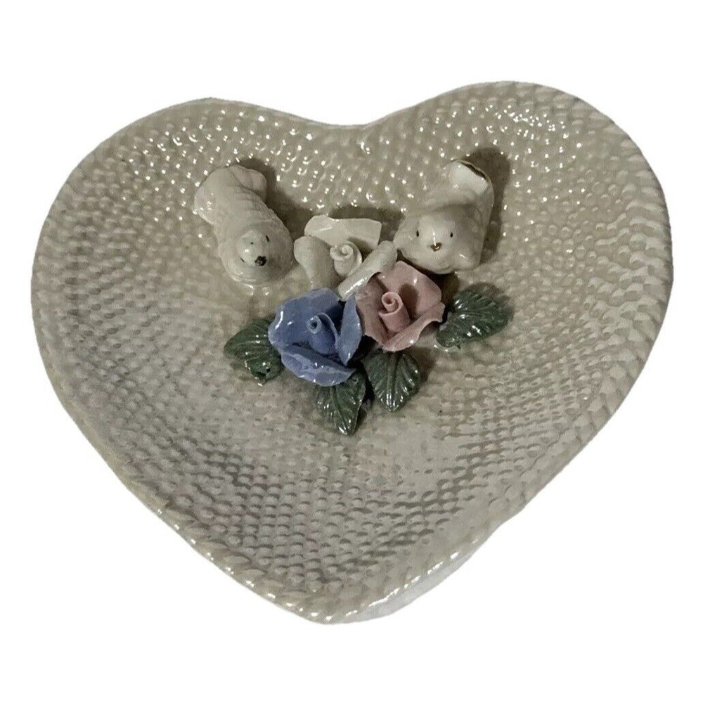 Vintage Decorative Plate In Heart Shape With Two White Birds, Pink & Blue Roses